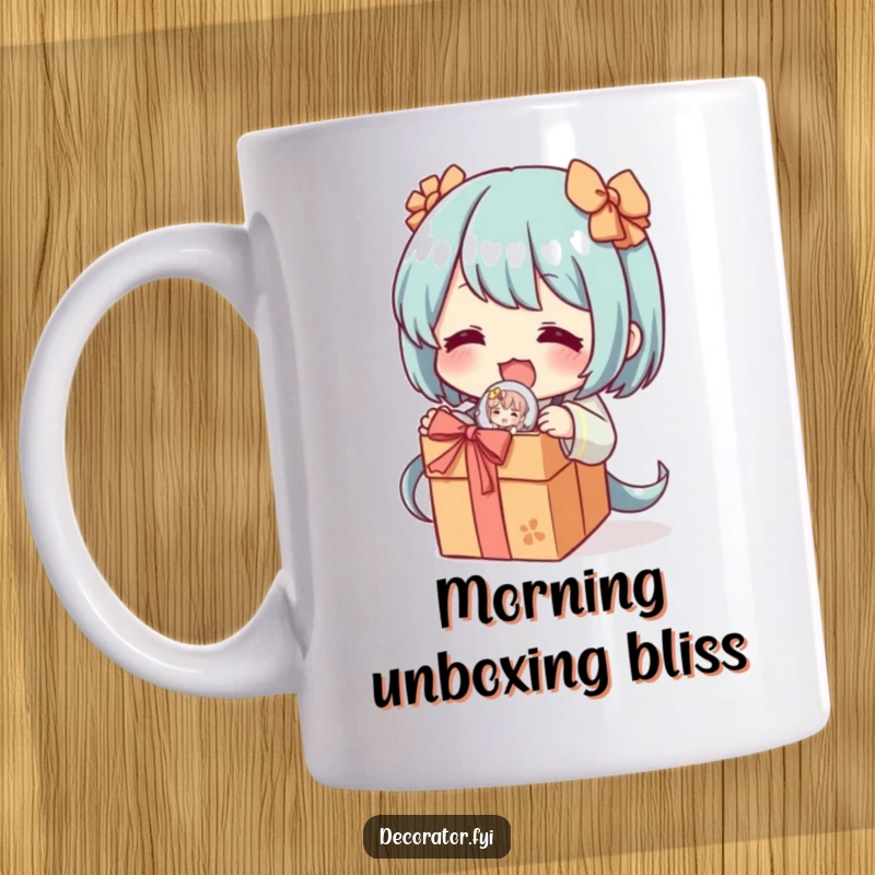 Funny mug showing a character's excited expression while unwrapping a delicate, decorative figurine, capturing the humorous joy of discovery.