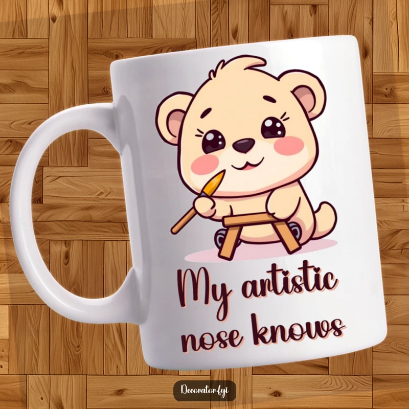 Funny mug with a smiling character expertly balancing a tiny paintbrush on its nose while concentrating on painting, embodying artistic focus and humor.