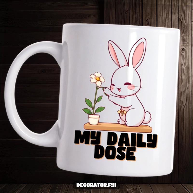 Funny rabbit mug showing a perky rabbit carefully placing a delicate flower on a shelf, showcasing tender care.