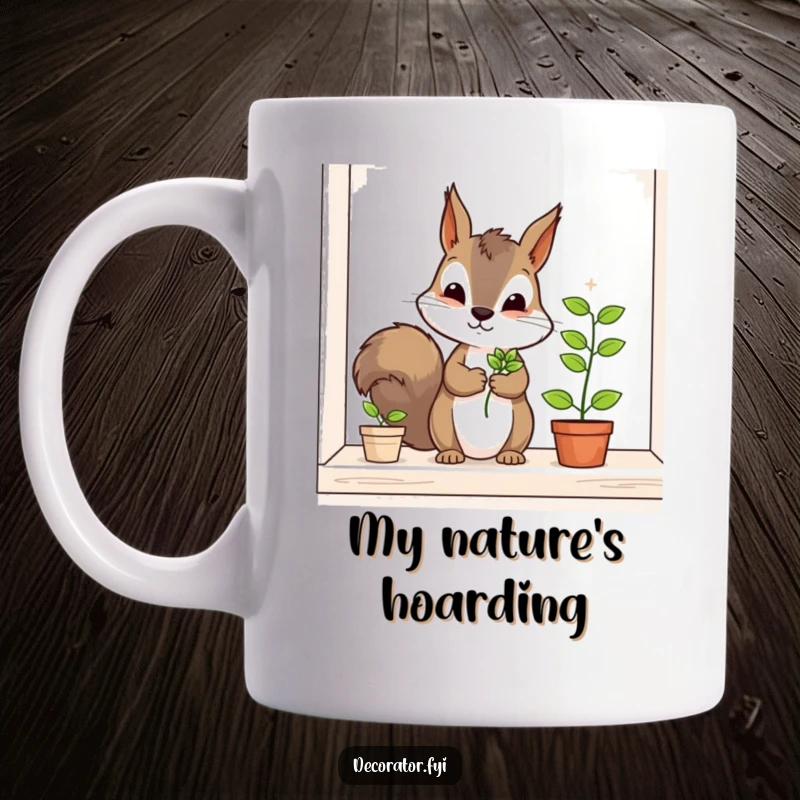Funny squirrel mug, a determined character carefully placing a small plant on a shelf, showcasing meticulous attention to detail and gardening joy.
