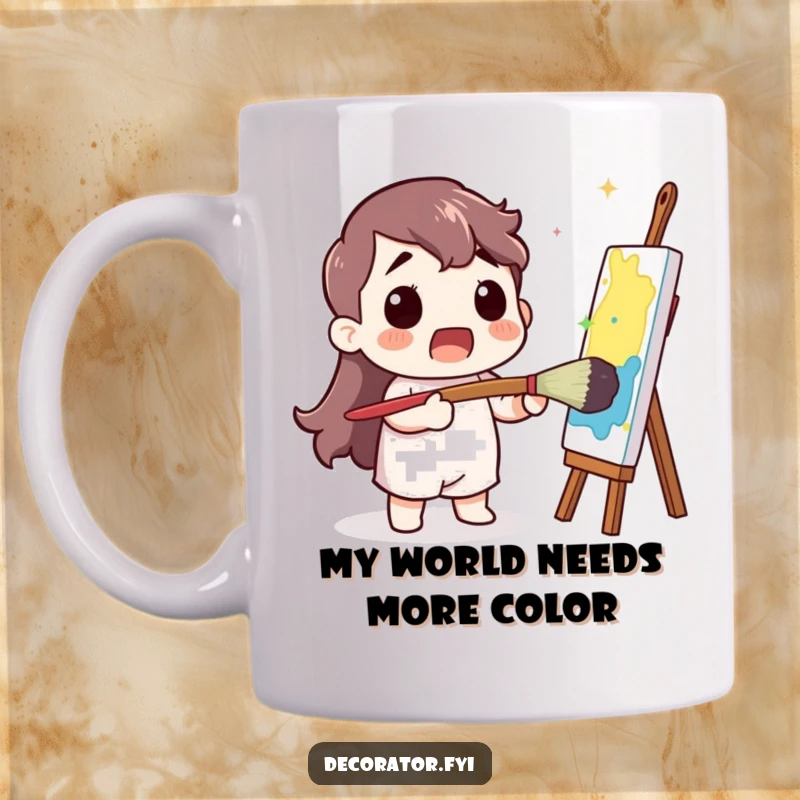 Funny Mug: Surprised character joyfully paints with a giant paintbrush, adding a vibrant splash of color to art.