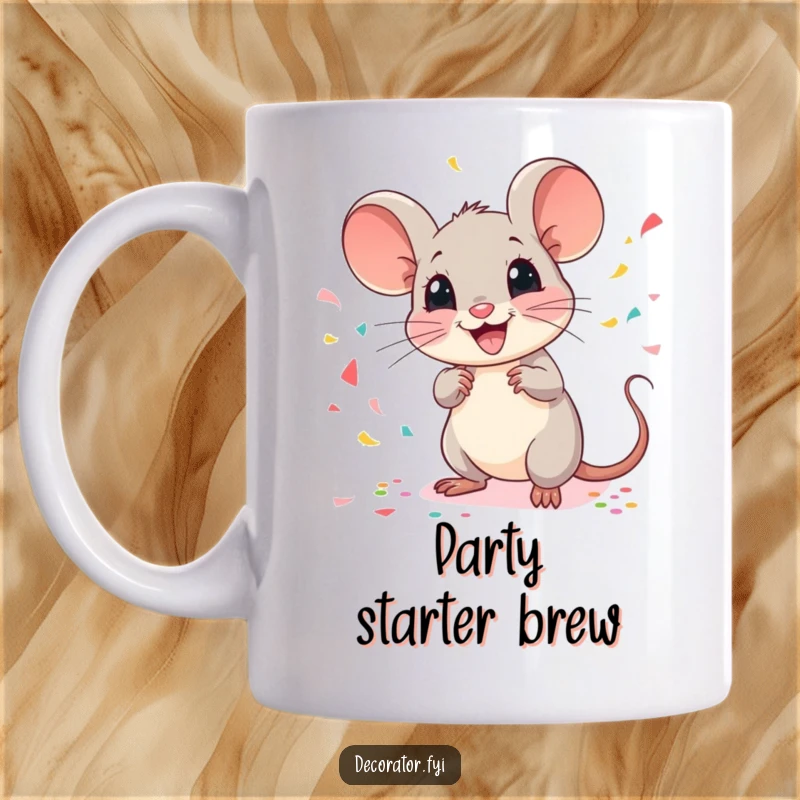 Funny mouse mug featuring a cheerful mouse scattering confetti with a flourish, symbolizing celebration and festive fun.