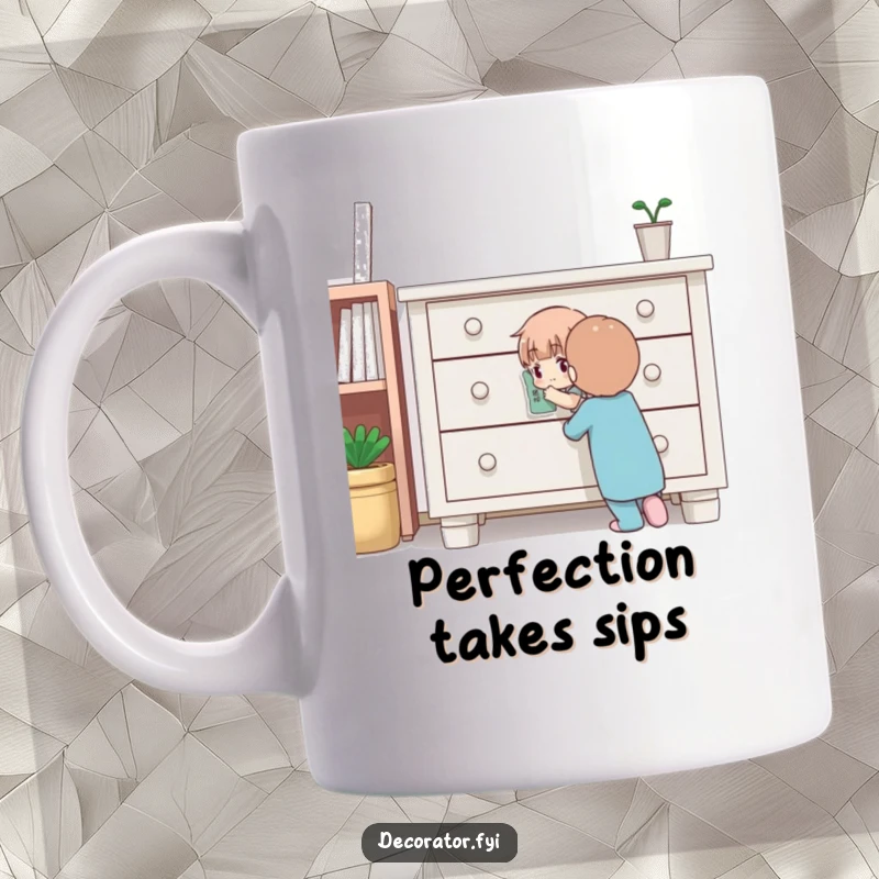 Funny mug featuring a determined character concentrating intensely while carefully applying a small sticker to a piece of furniture, highlighting DIY focus.