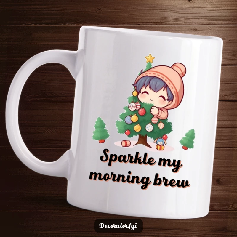Funny Mug: A playful character happily decorates a small Christmas tree with tiny, sparkling ornaments.