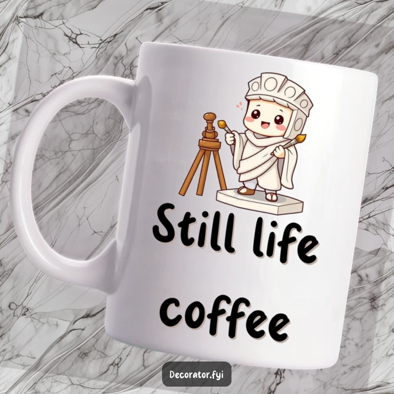 Funny mug showing a mischievous character pretending to be a statue, holding a tiny paintbrush, with a sly expression.