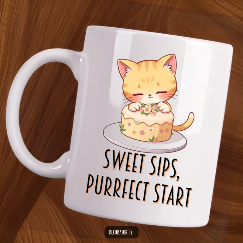 Funny curious cat delicately decorating a small cake with tiny flowers, showcasing meticulous artistry for a funny mug.