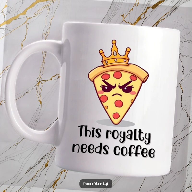 Funny mug showing a grumpy pizza slice wearing a tiny crown, looking utterly unimpressed. A hilarious gift for pizza lovers.