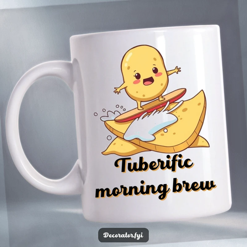 Funny mug showing a determined potato surfing on a huge potato chip against a wavy background. Hilarious food art.