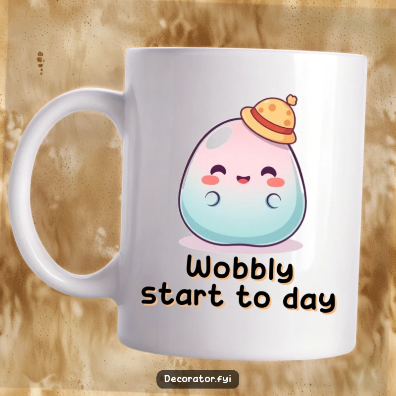Funny mug showing a wobbly blob of jelly hilariously trying to wear a tiny hat that keeps slipping off its head.