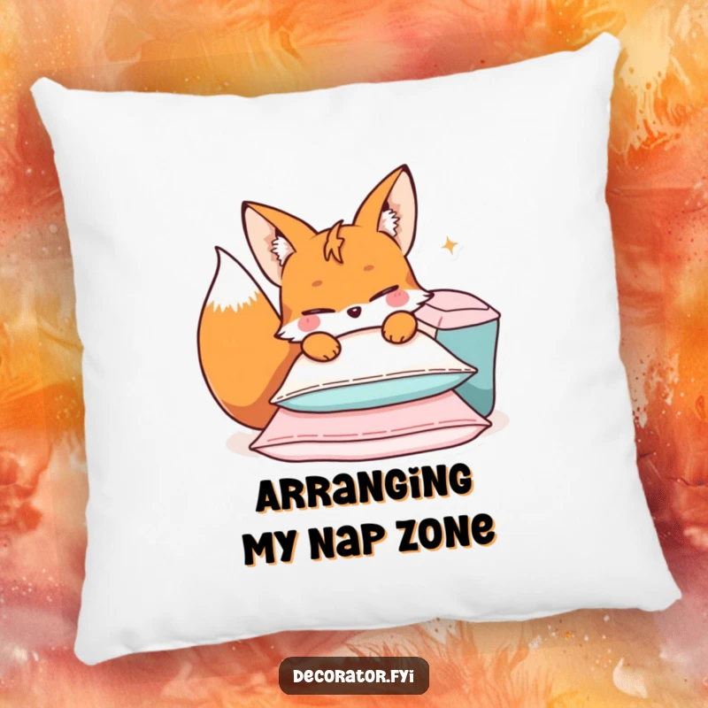 Funny pillow with a plush texture, showing a mischievous fox character arranging cushions with a wink, perfect for relaxation.