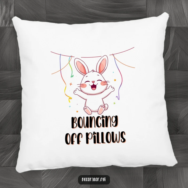 Funny joyous rabbit character hanging streamers with a cheerful bounce, featured on a comfortable and humorous pillow.