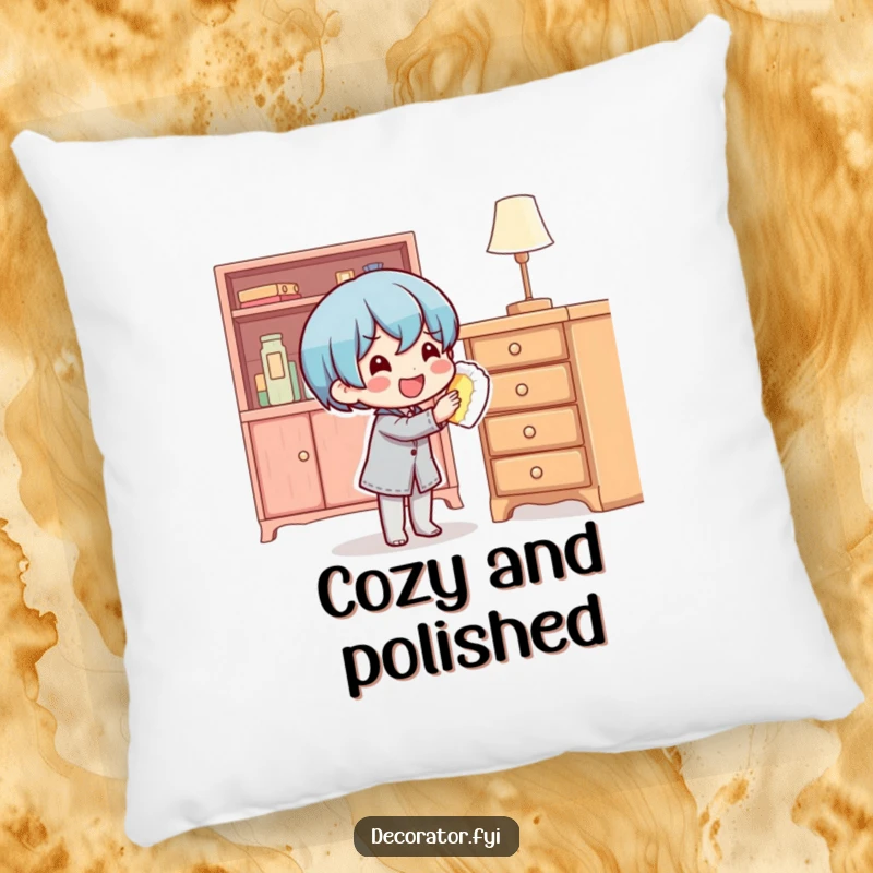 Funny content character happily polishing shiny furniture, depicted on a soft, decorative pillow for humorous comfort.