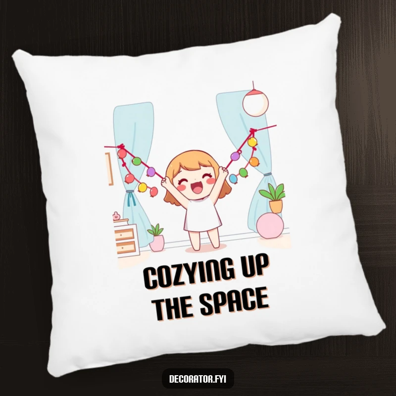 Funny Pillow featuring a happy character enthusiastically hanging a garland, bringing festive cheer to cozy comfort.