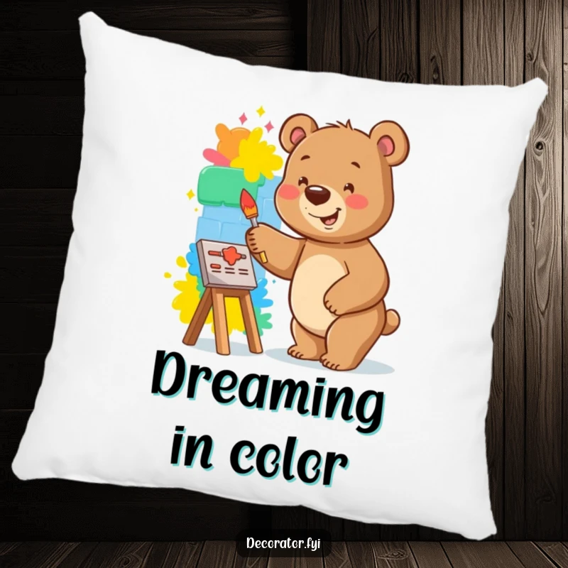 Funny bear pillow featuring a smiling bear happily painting a vibrant mural on a small wall, creating art.