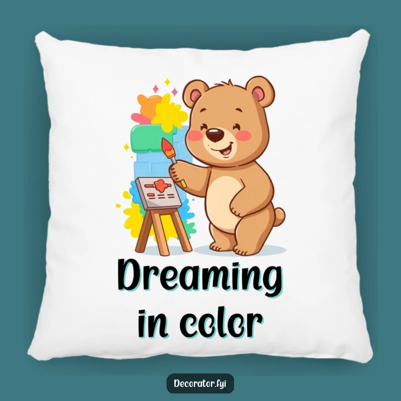 Funny Bear Pillow: Cozy Up with This Happy Painter, Comedic Comfort!