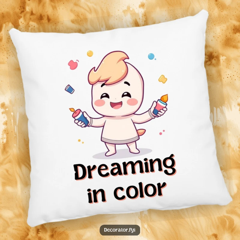 Funny Pillow featuring a grinning character playfully juggling tiny paint pots, symbolizing artistic fun and relaxation.