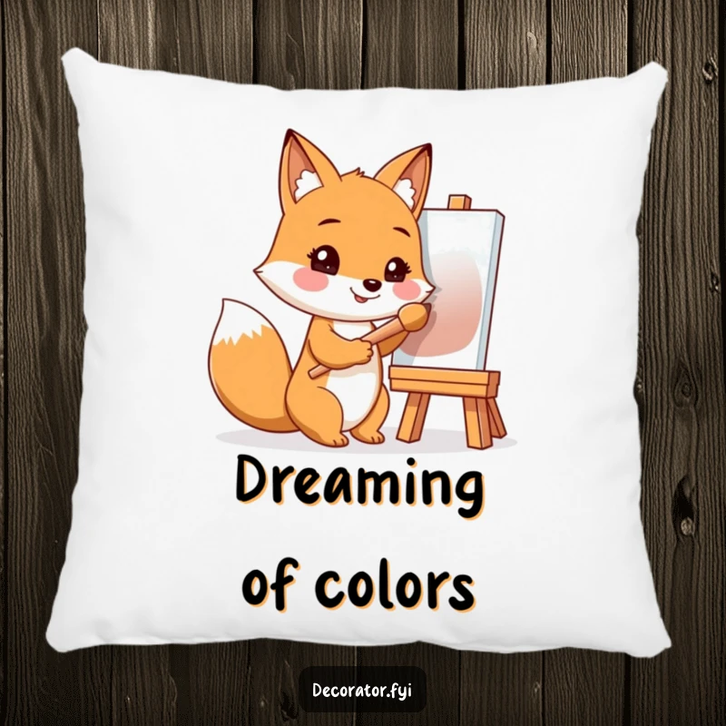 Funny pillow with a depiction of a smiling fox holding a paintbrush, ready to create art, adding charm to any room.