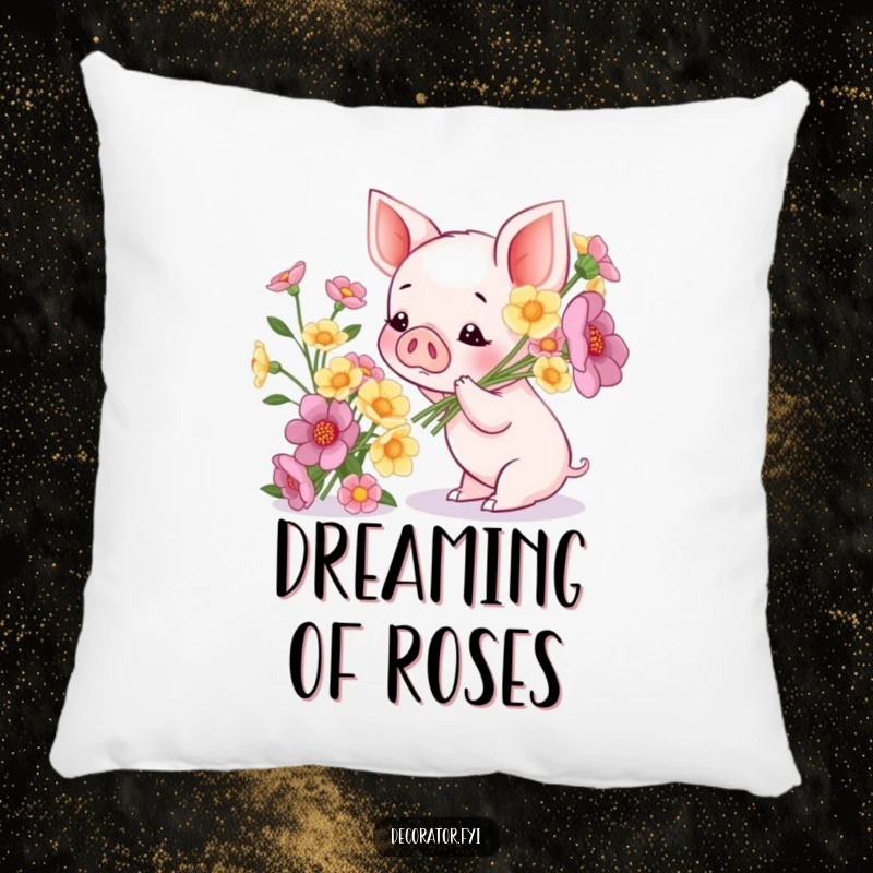 Funny pillow with a piglet admiring a bouquet of flowers, offering a humorous and comfortable decorative accent for any room.