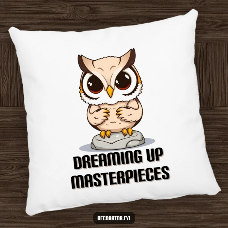 Funny pillow with a determined owl character delicately placing a small statue, adding a touch of whimsy and humor.