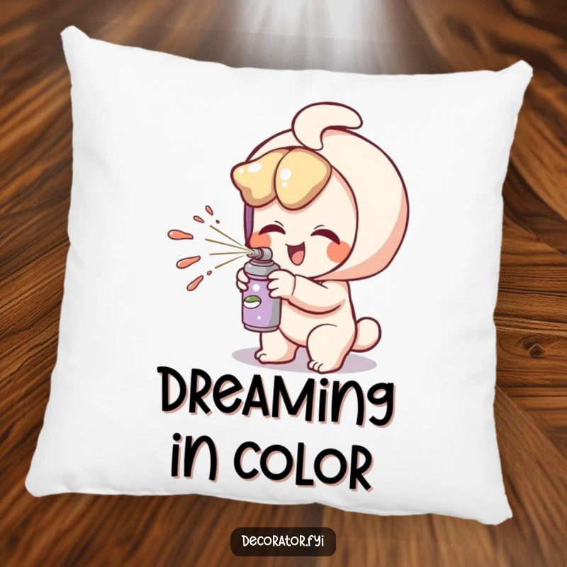 Funny pillow featuring a giggling character playfully spritzing paint, adding humor and comfort to any room.