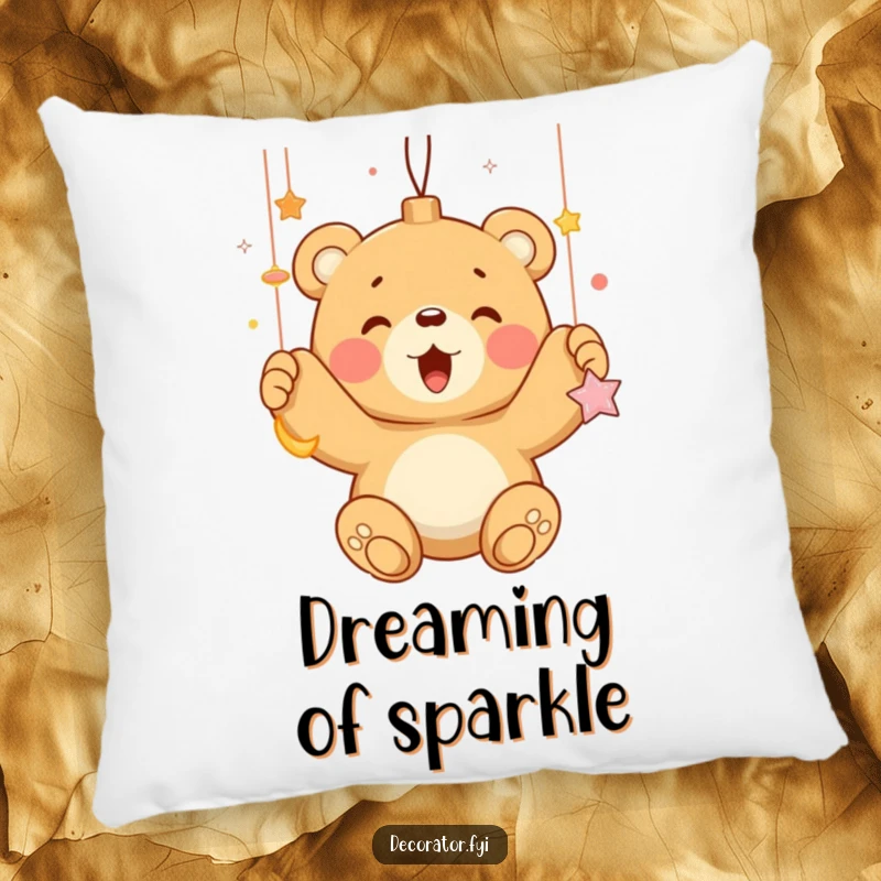 Funny bear cub enthusiastically hanging shiny ornaments, featured on a soft, plush pillow, bringing holiday comfort and humor.