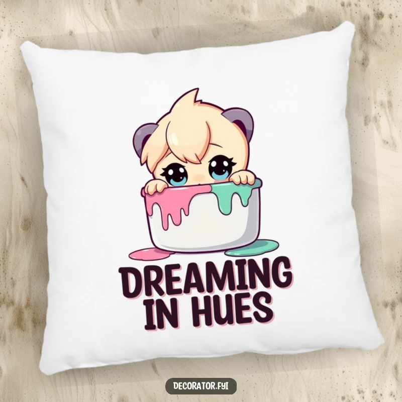 Funny pillow with a curious character wide-eyed, peering into a paint pot, offering comfort and artistic inspiration.