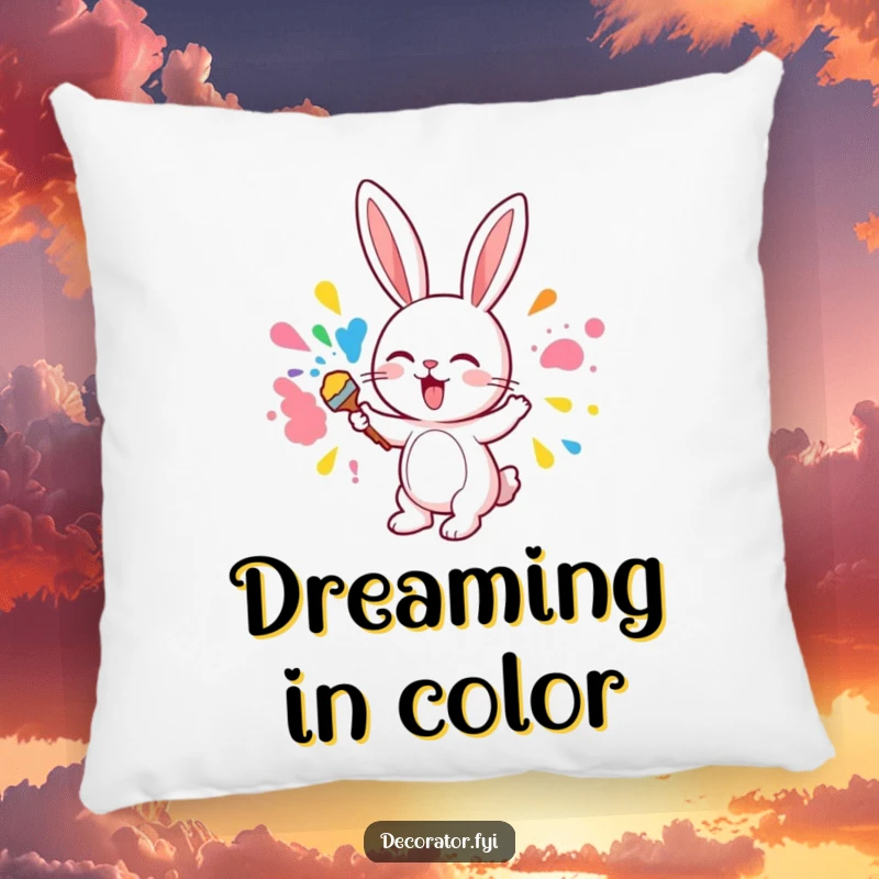 Funny pillow design of a cute bunny character excitedly painting a wall with a brush, full of artistic joy.