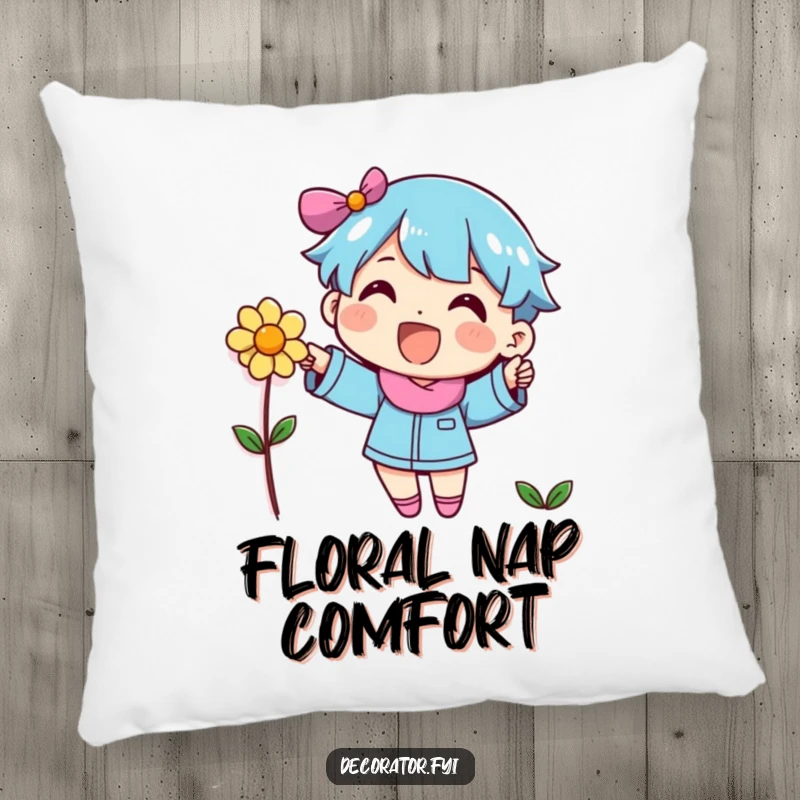 Funny character placing a flower on a wall, a soft and cheerful pillow design for cozy spaces.