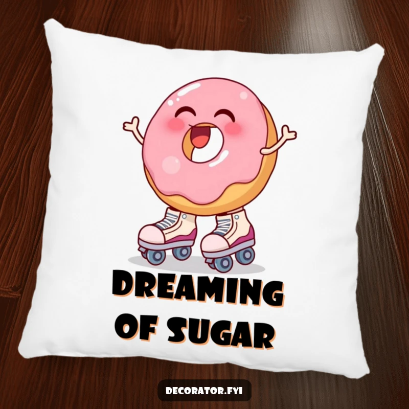 Funny pillow showing a laughing donut struggling to put on oversized roller skates, looking unsteady. Cozy and humorous.