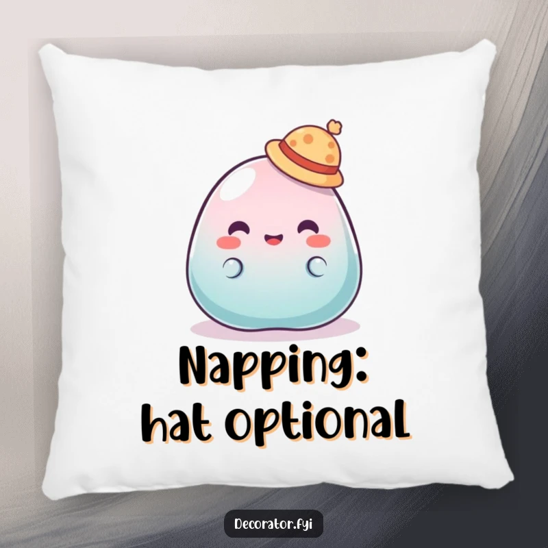 Funny pillow showcasing a wobbly jelly character attempting to wear a tiny hat, adding a touch of silly charm to decor.