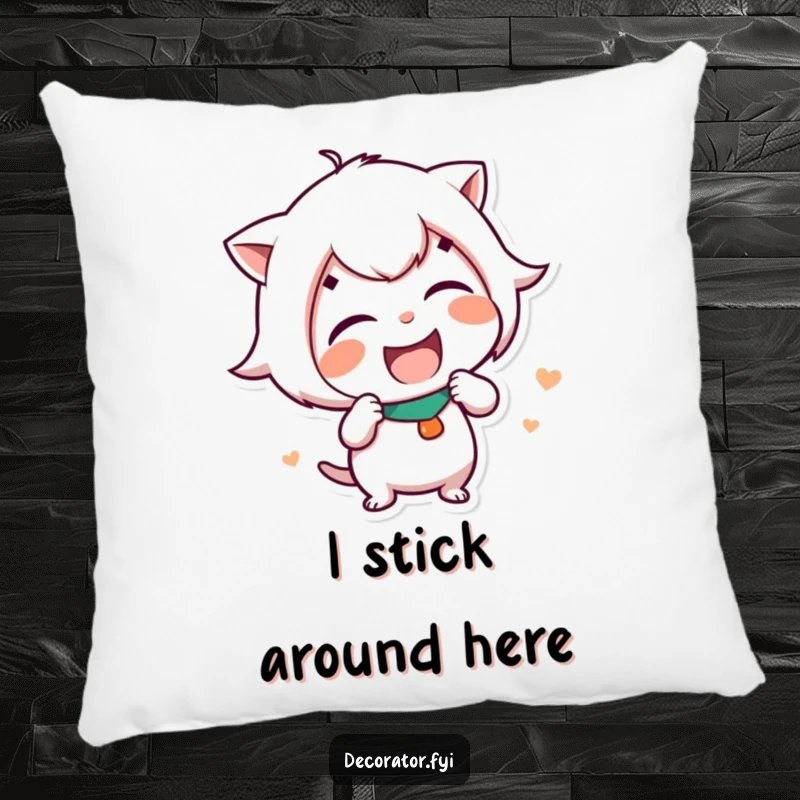 Funny Pillow with a cute, giggling character adorning it, caught in the delightful act of applying a humorous sticker.