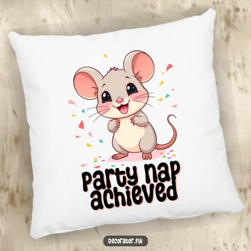 Funny mouse pillow with a cheerful mouse scattering confetti, adding festive cheer and comfort to any seating area.