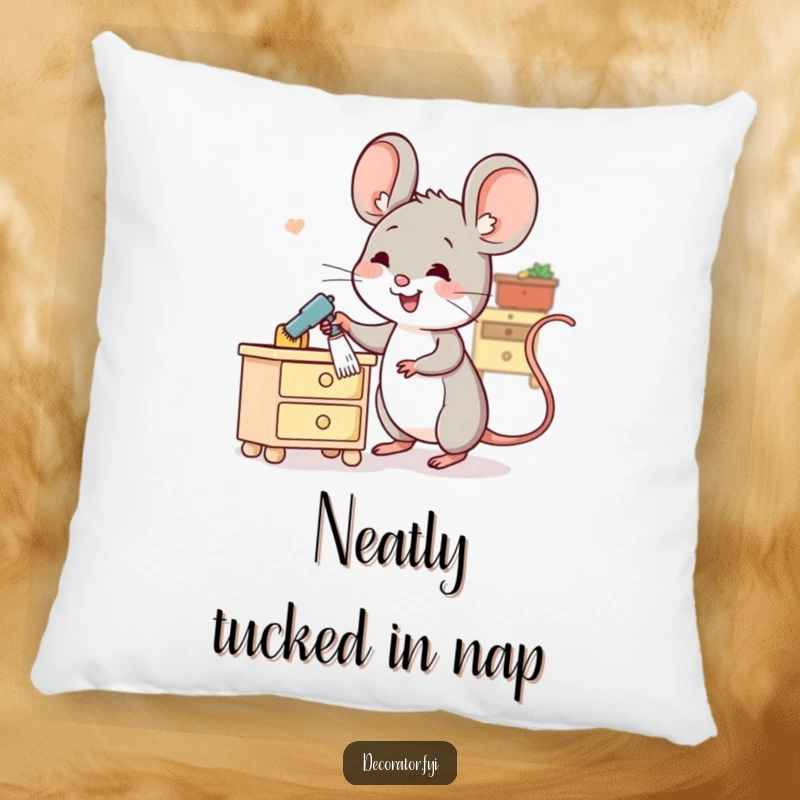 Funny pillow with a cheerful mouse character dusting a tiny piece of furniture, adding softness and humor.