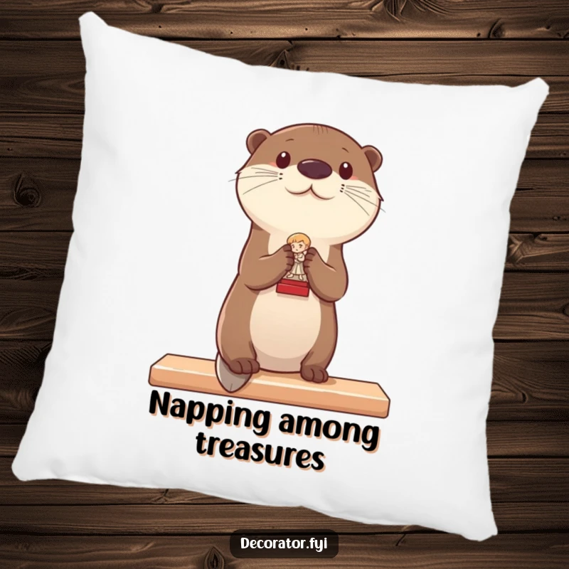 Funny pillow with a depiction of an otter carefully placing a tiny statue on a shelf, bringing a sense of charming organization.