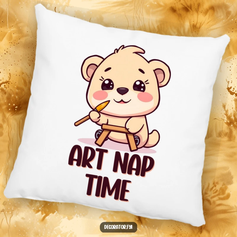 Funny pillow displaying a smiling character focused on painting, with a tiny paintbrush perfectly balanced on its nose, providing cozy humor.