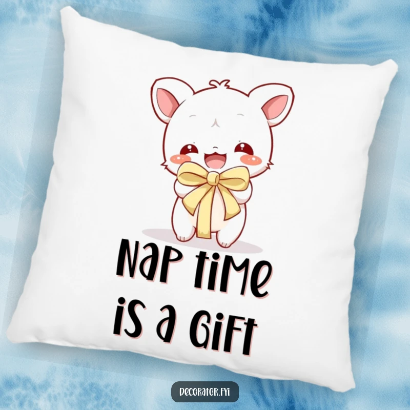 Funny Pillow: A cheerful character happily unwrapping a surprise gift, perfect for adding fun.