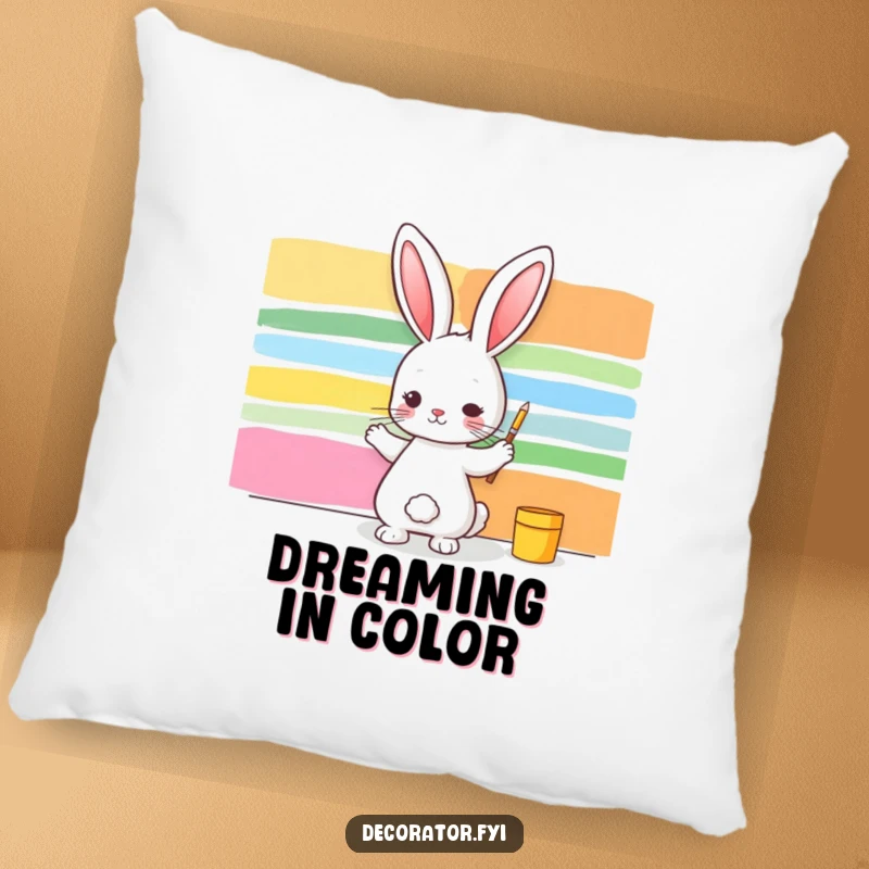 Funny pillow with a rabbit artist painting colorful stripes on a wall, offering a humorous and comfortable decorative accent.