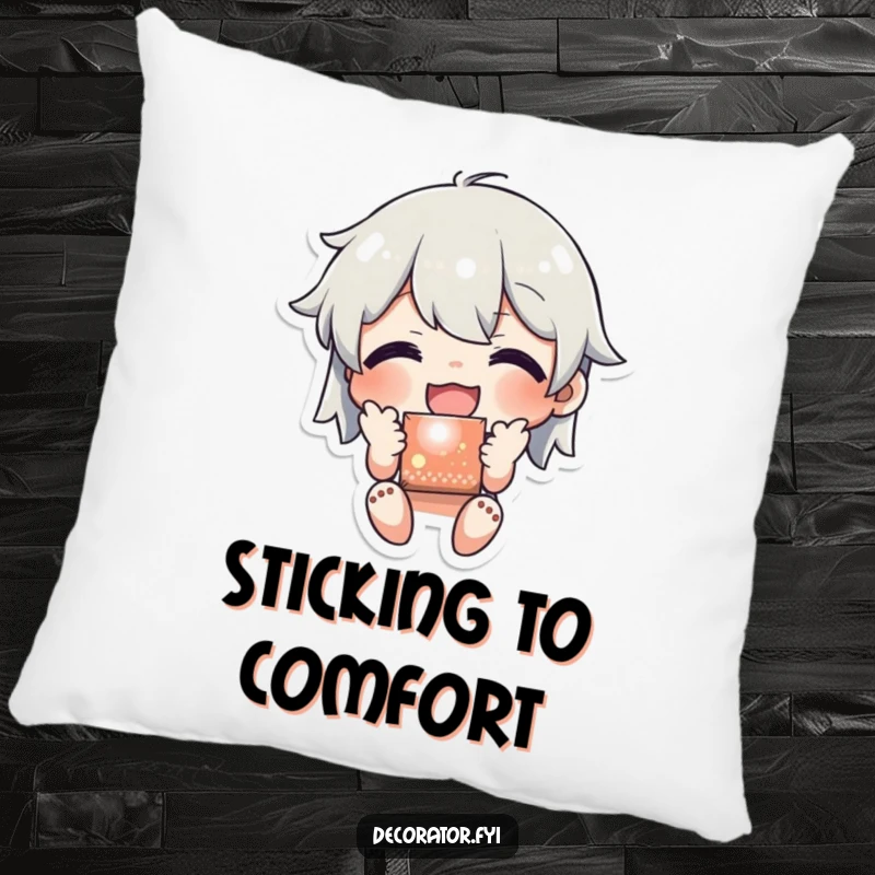 Funny pillow featuring a character joyfully applying a shiny sticker to a surface, adding a humorous touch of happy decoration to any cozy setting.