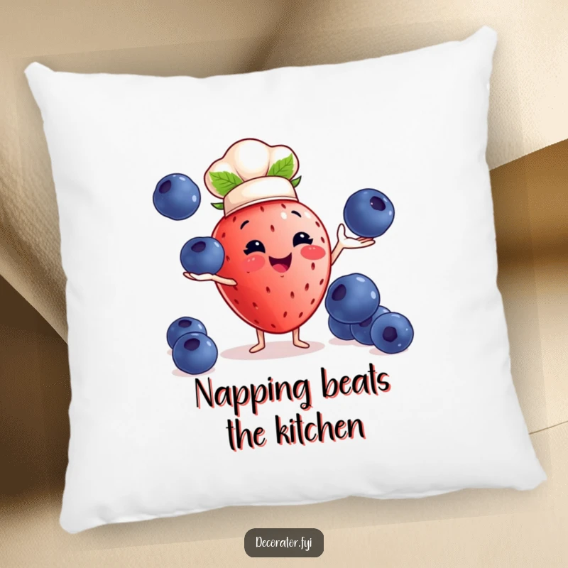 Funny strawberry chef pillow: a strawberry chef juggles blueberries, bringing cozy culinary humor.