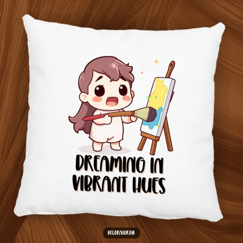 Funny Pillow: A surprised character uses a comically large paintbrush to create a vibrant splash of color.
