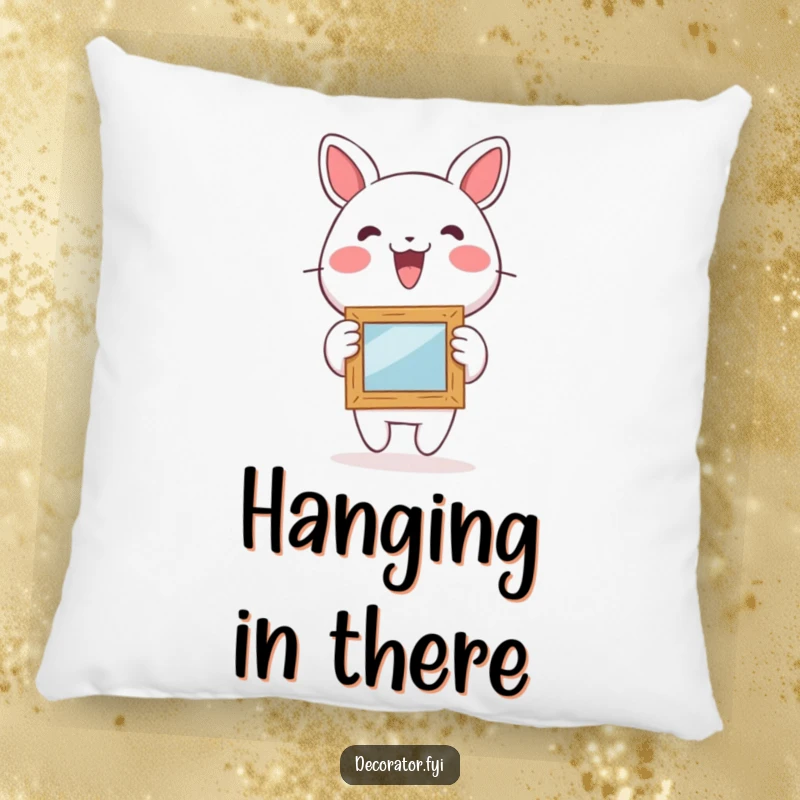 Funny pillow with a lively character excitedly hanging a small, whimsical picture frame, offering comfort and artistic cheer.