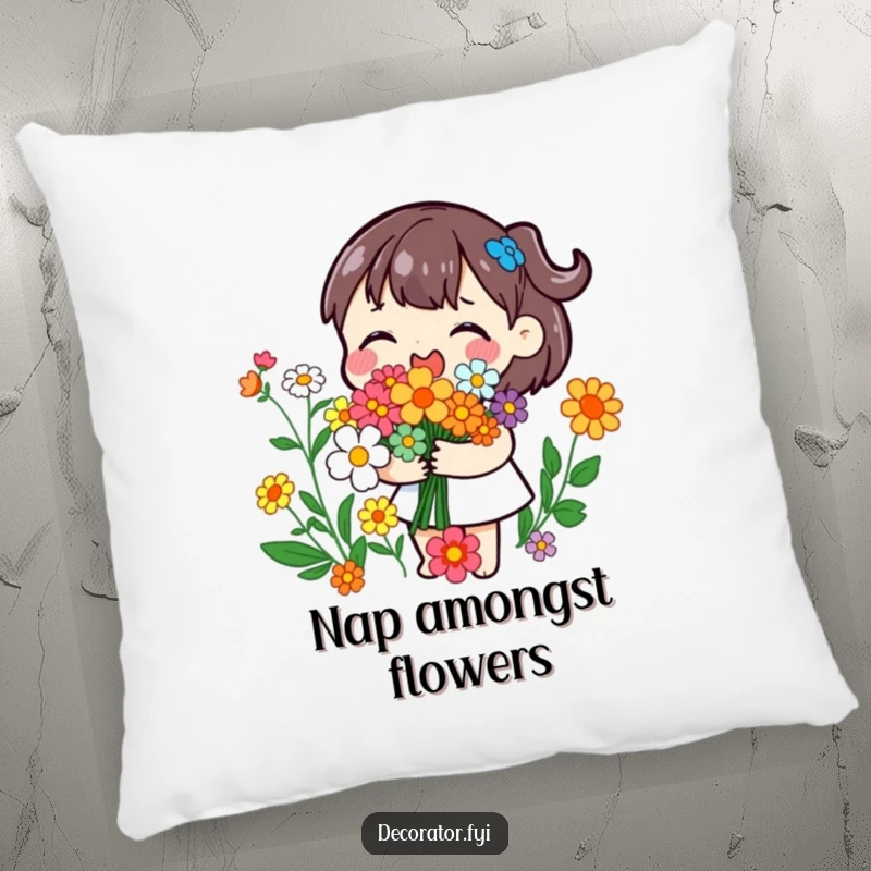 Funny pillow featuring a playful character joyfully arranging colorful flowers into a bouquet, bringing floral charm and comfort.
