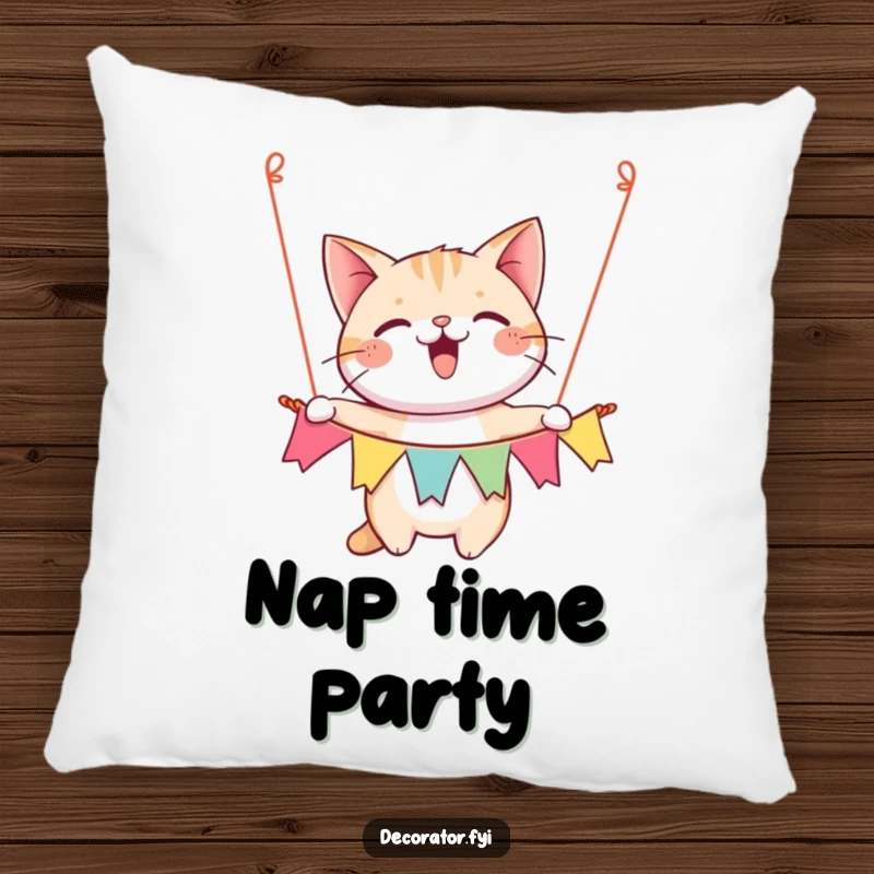 Funny pillow design of a happy cat character gleefully hanging a festive banner, bringing party vibes.