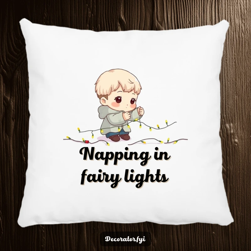 Funny Pillow: Character focused intently on placing fairy lights on a garland.
