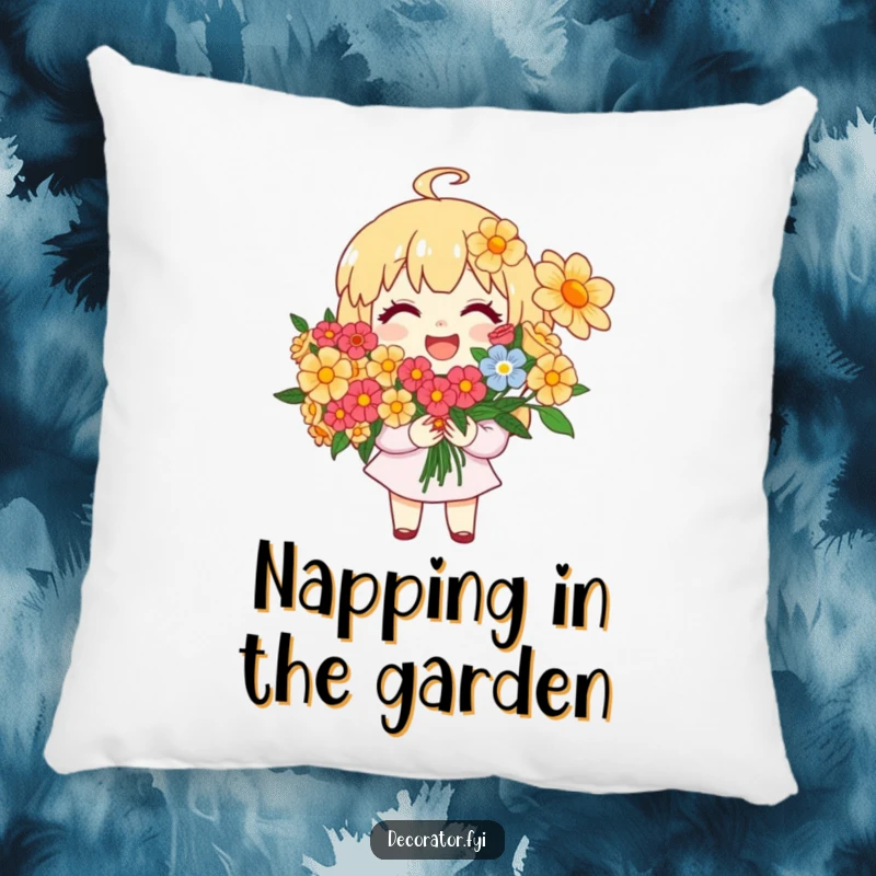 Funny Pillow: A joyful character with a smile arranges a beautiful bouquet of vibrant, colorful flowers.