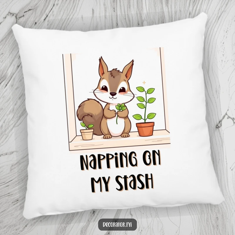 Funny squirrel pillow, a determined character carefully placing a tiny plant on a shelf, offering cozy comfort and humorous gardening decor.