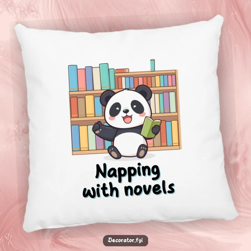 Funny panda pillow with a joyful panda organizing books, offering comfort and a touch of literary humor for relaxation.