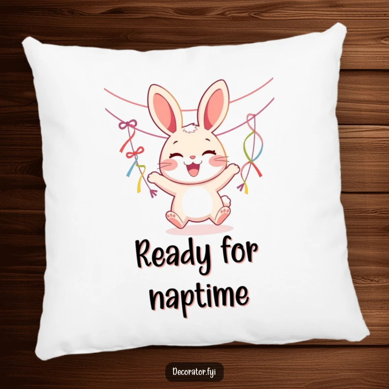 Funny pillow with a plush texture, showing a joyous rabbit character hanging colorful streamers, adding cheer to relaxation.