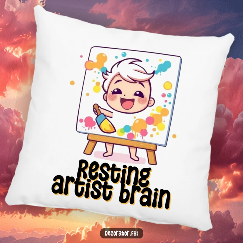 Funny pillow featuring a happy character gleefully splattering paint onto a canvas with a broad brush, adding a touch of artistic whimsy.