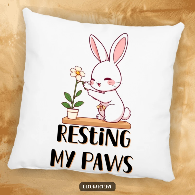 Funny rabbit pillow featuring a perky rabbit carefully placing a delicate flower on a shelf, nurturing beauty.